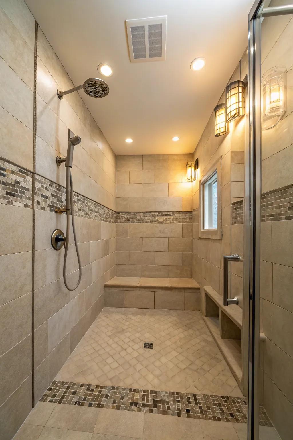 A calming walk-in shower featuring understated and unprocessed hues.