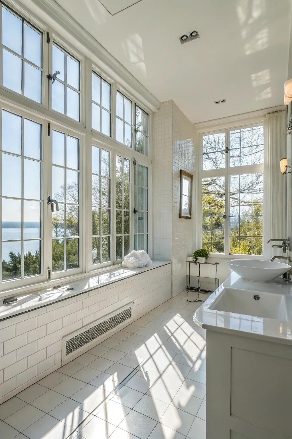 Bright bathroom featuring expansive windows filling the area with daylight.