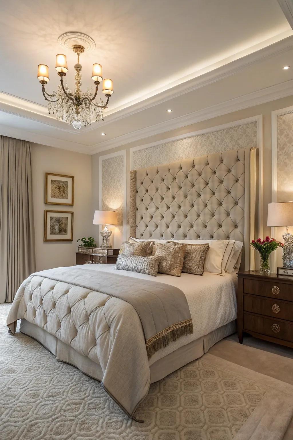 Textured elements like padded panels make your headboard wall more elegant.