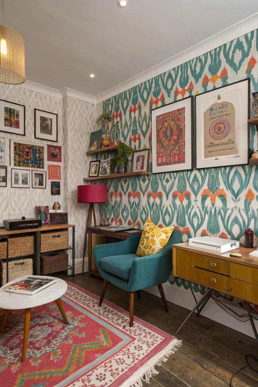 Ikat wallpaper adds a bohemian touch to a creative studio.
