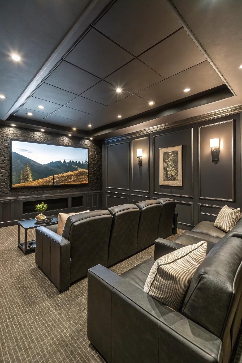 A daring media room showcasing charcoal walls, ideal for a dramatic statement.