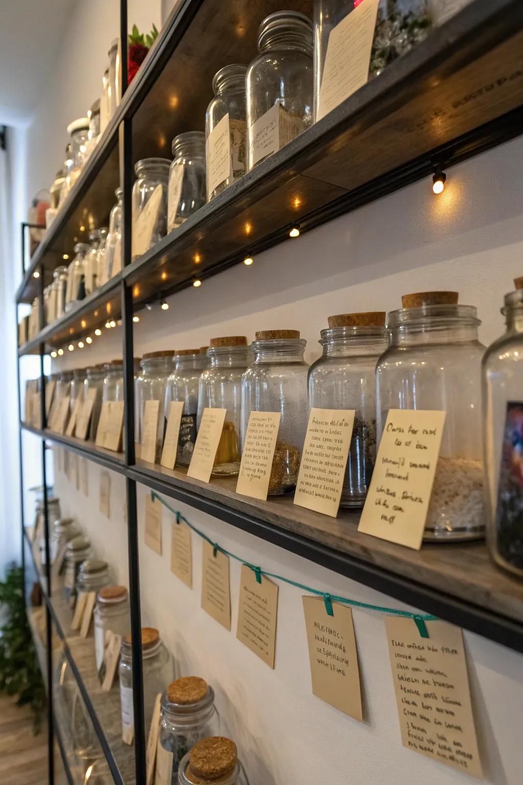 Recollection vessels filled using treasures, contributing an individual impression to a memorial display.