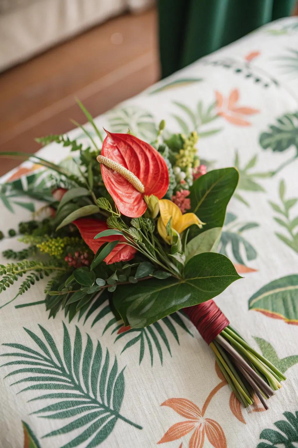 A tropical crimson spike accessory introduces a vibrant accent.