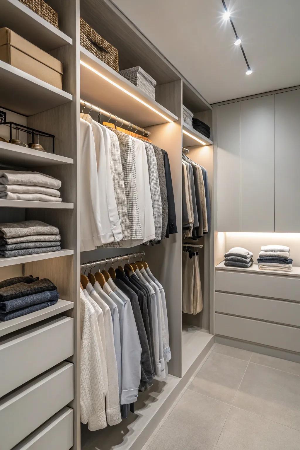 A calming neutral palette that enhances the closet's elegance.
