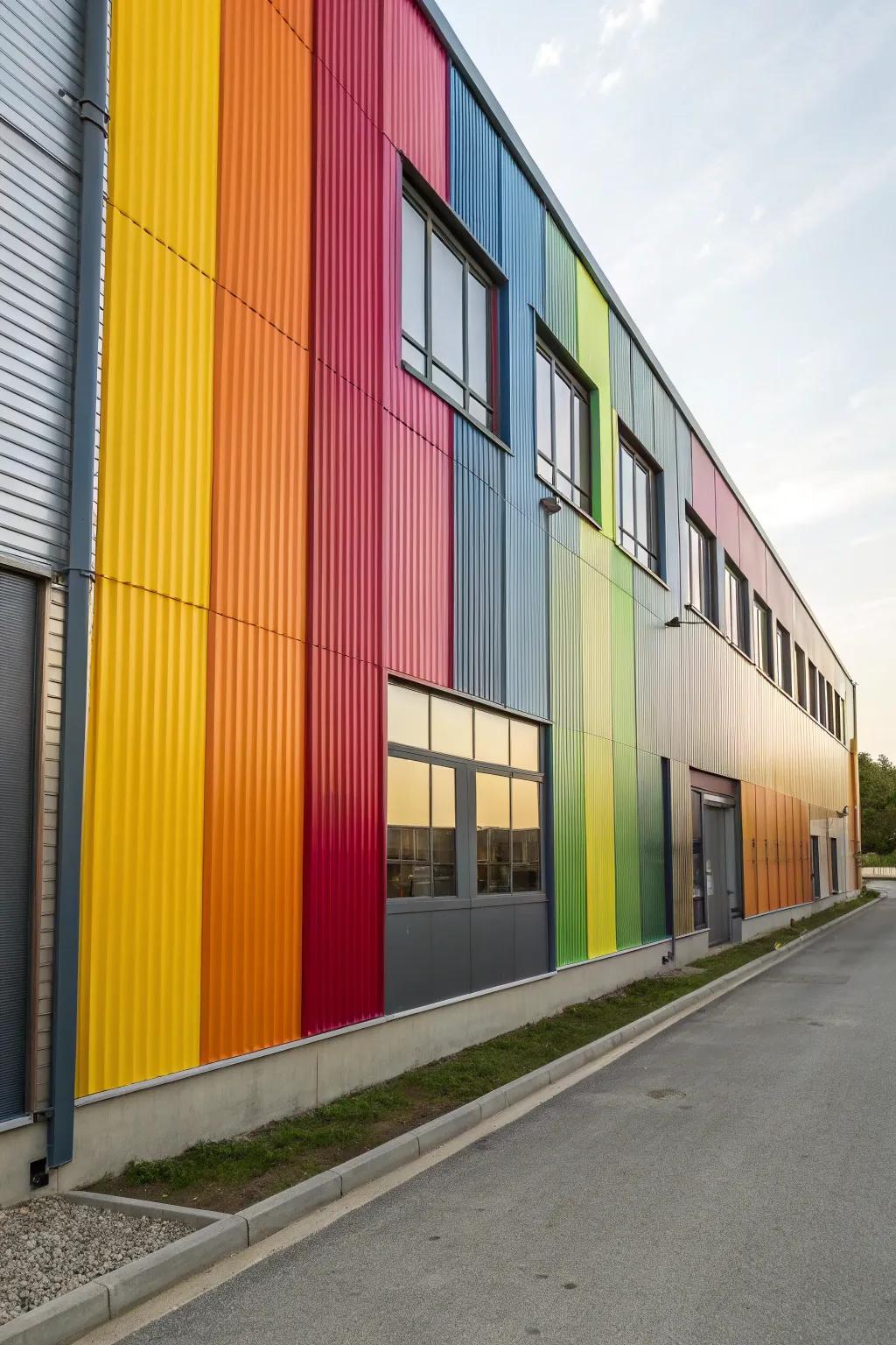 Vibrant colors personalize this metal facade.