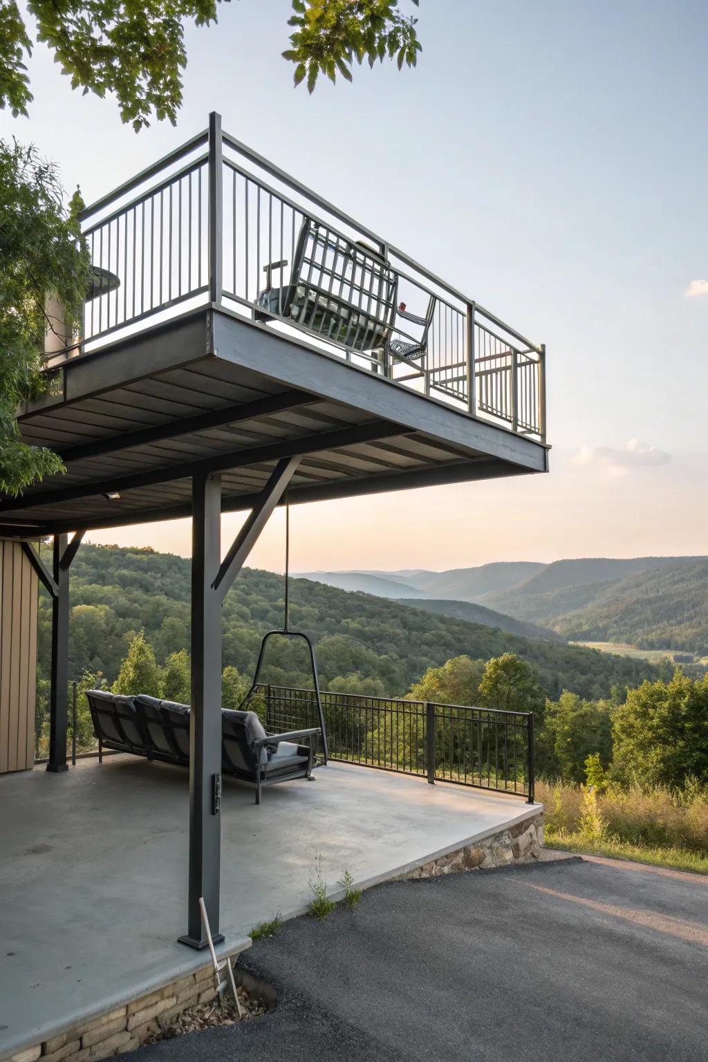 A carport with a balcony offers extra leisure space with scenic views.