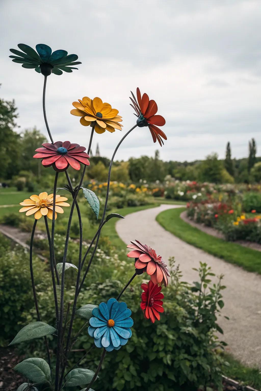 Vibrant metal flowers deliver lasting blooms.