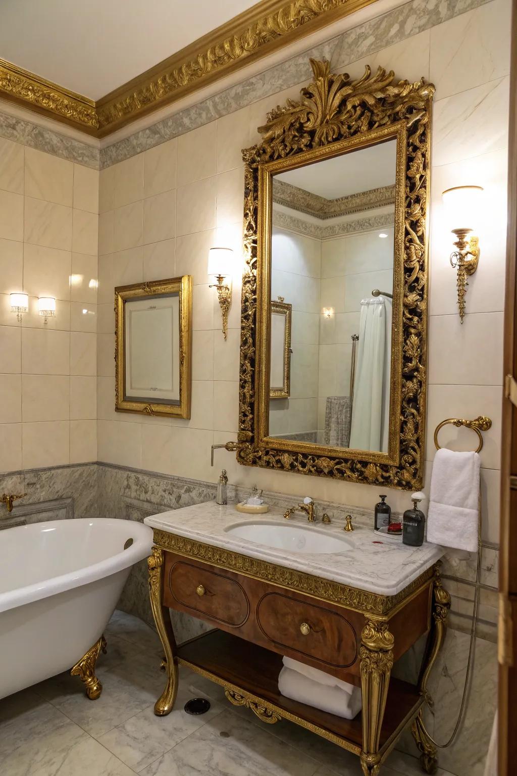 An ornate mirror enhances elegance and style.