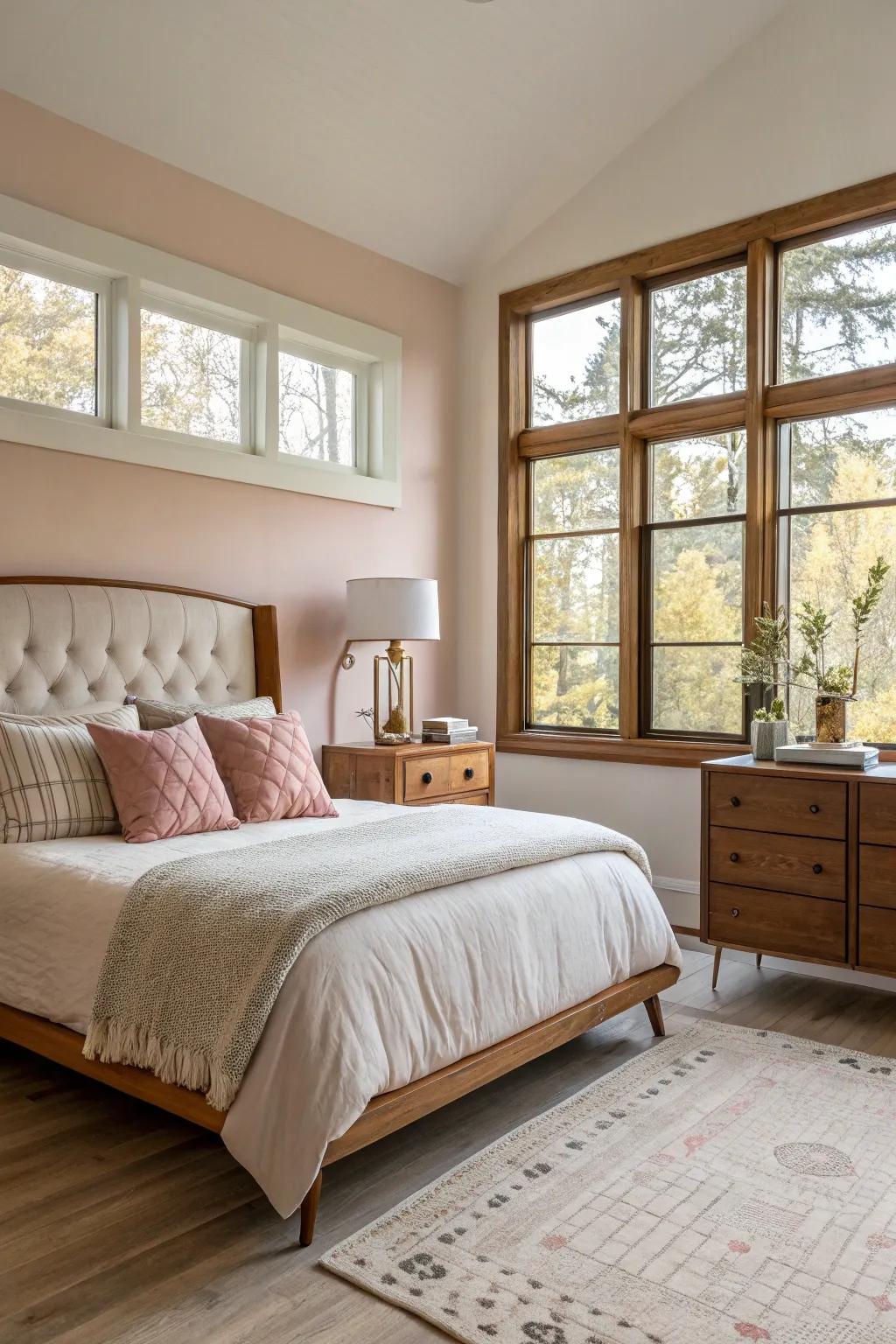 A mid-century modern bedroom filled with natural light from expansive windows.