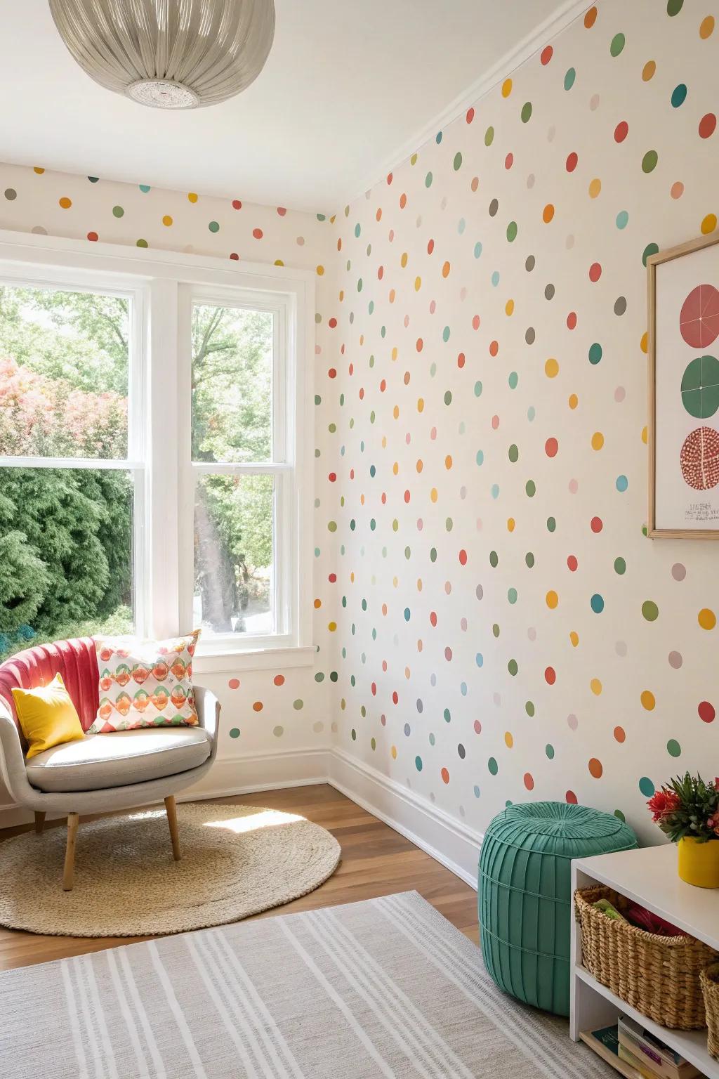 A bright room featuring playful polka dot mid-century wallpaper.