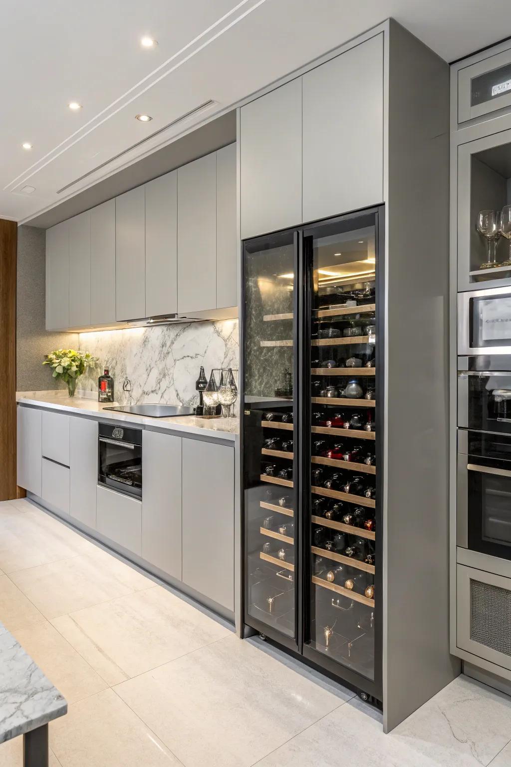 A built-in wine rack seamlessly combines storage with style.