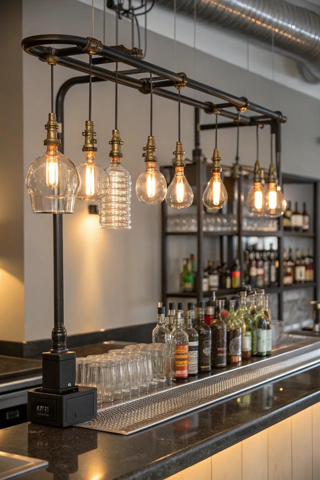 Industrial lighting adds countryside charm to the home bar.