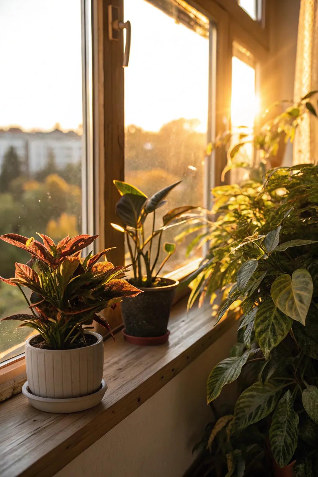A variety of plants thriving on a sun-drenched windowsill.