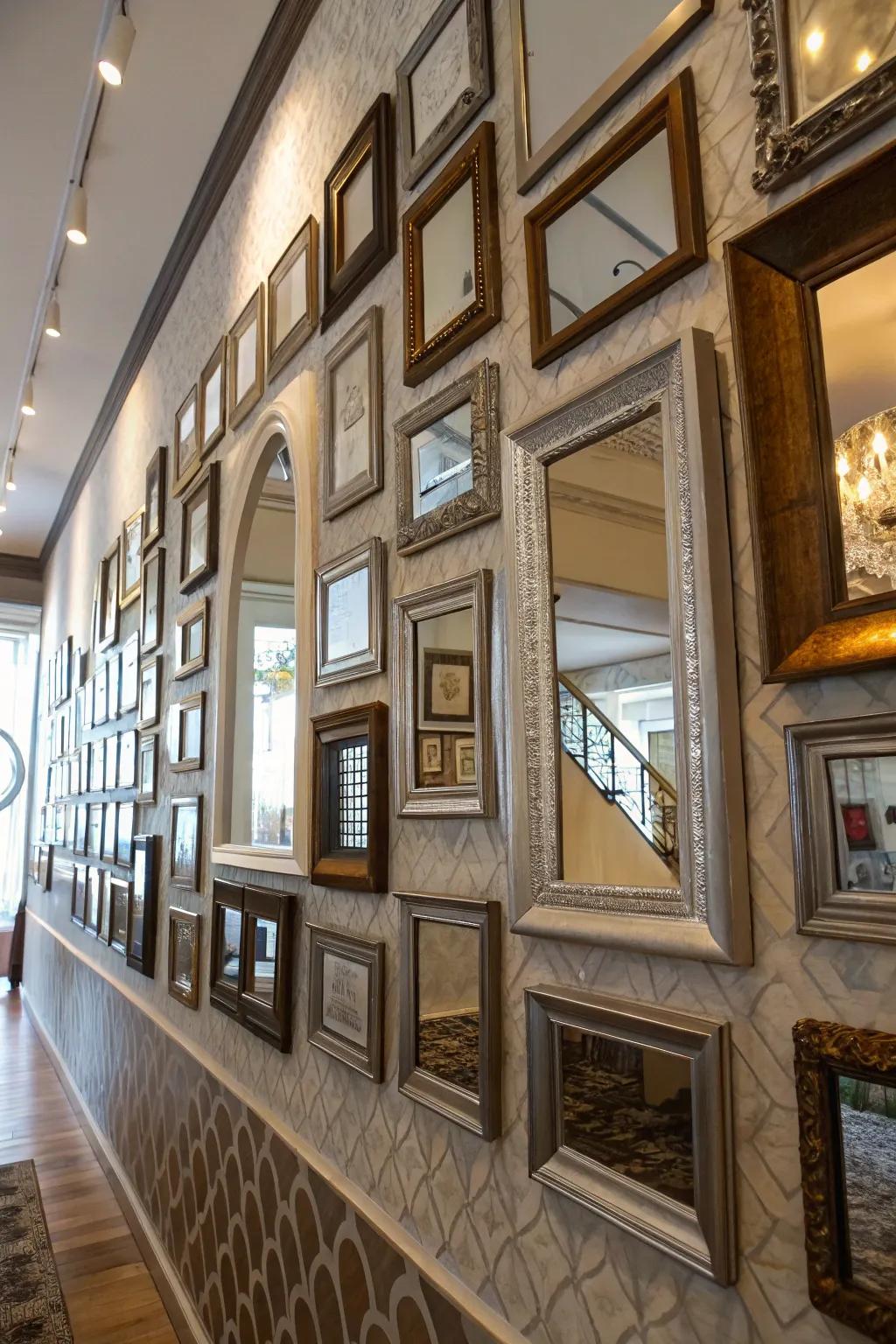 A collage of small mirrors creates an artistic display in a hallway.