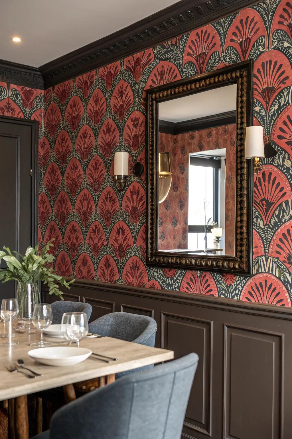Mirrors can enhance the visual impact of patterned wallpaper.