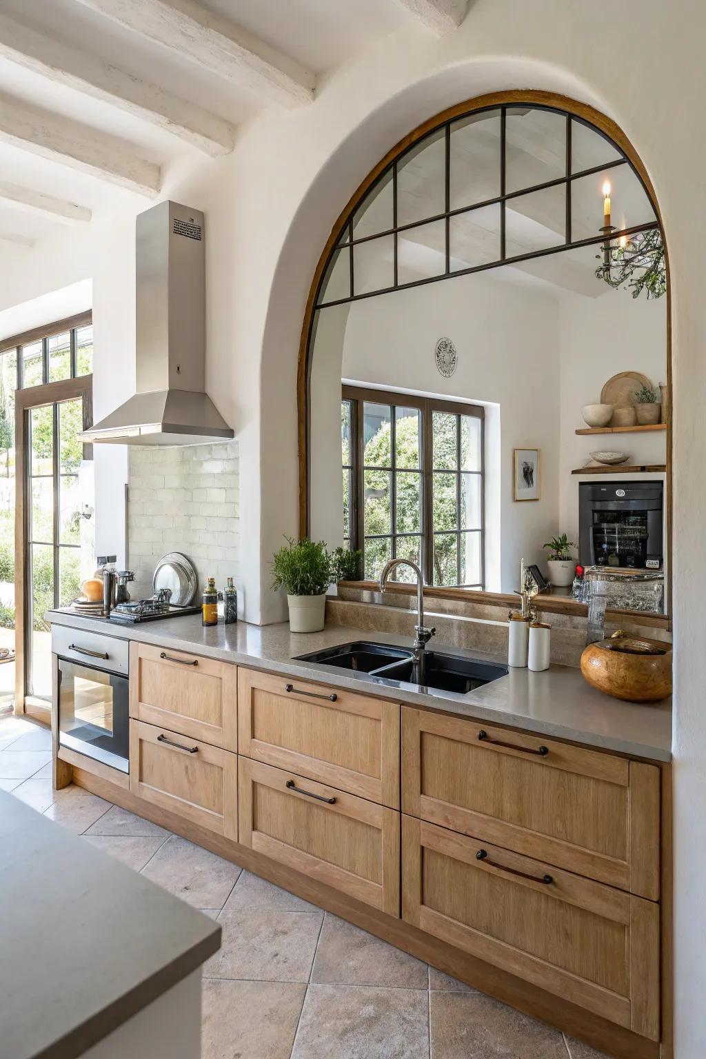 An arched mirror adding architectural detail and complementing the overall kitchen design.