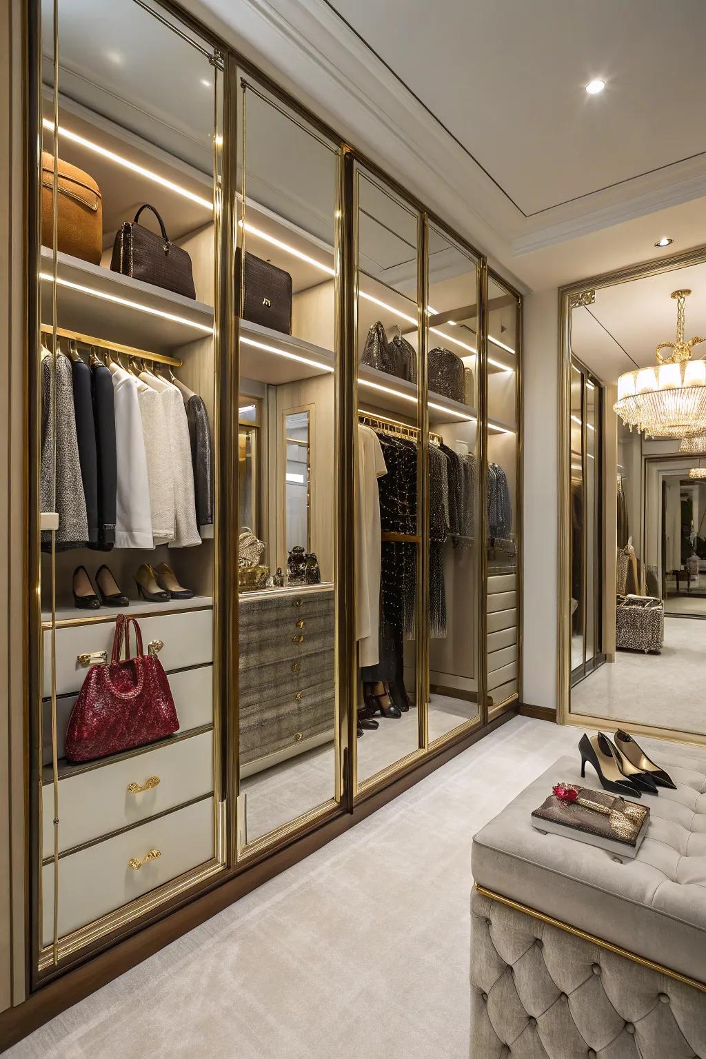 Design a boutique ambiance with mirrors inside walk-in closets.