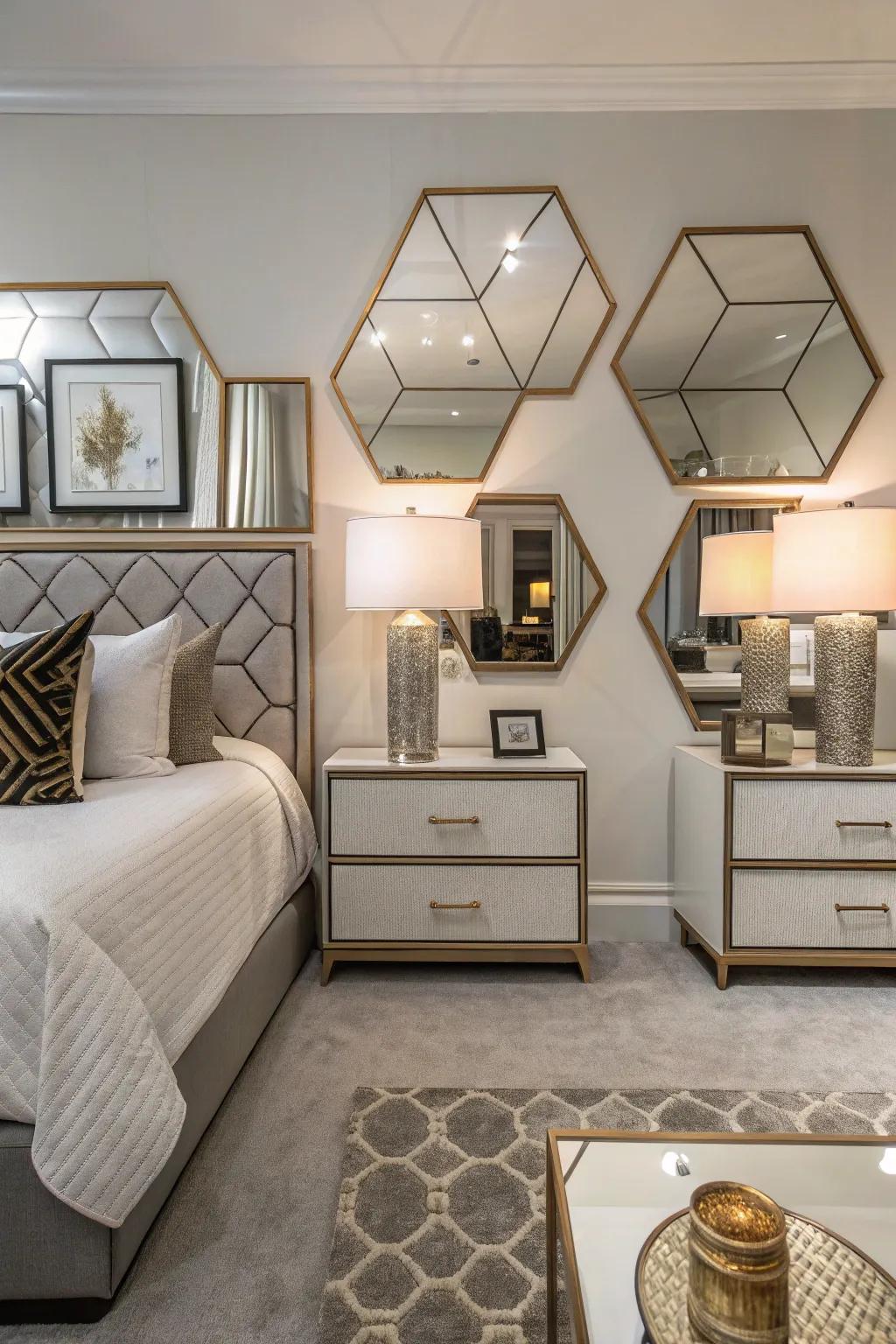 Geometric mirrors contribute a dynamic and contemporary vibe to the bedroom environment.