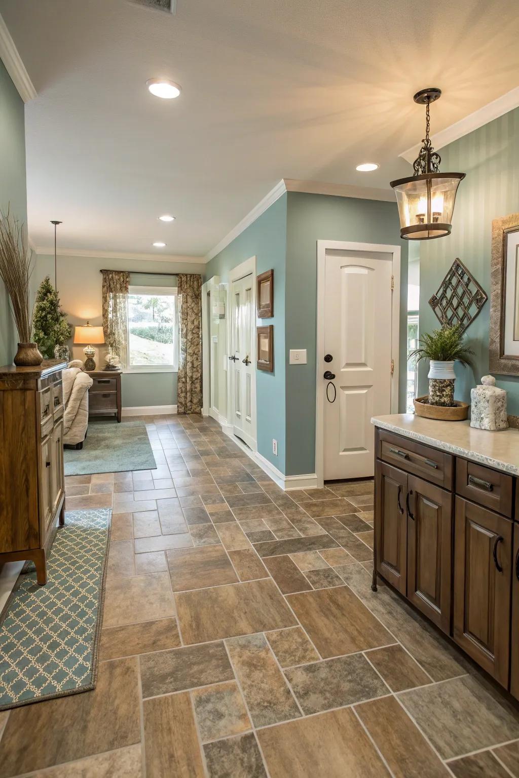 A unified shade selection combines different flooring types for a flowing appearance.