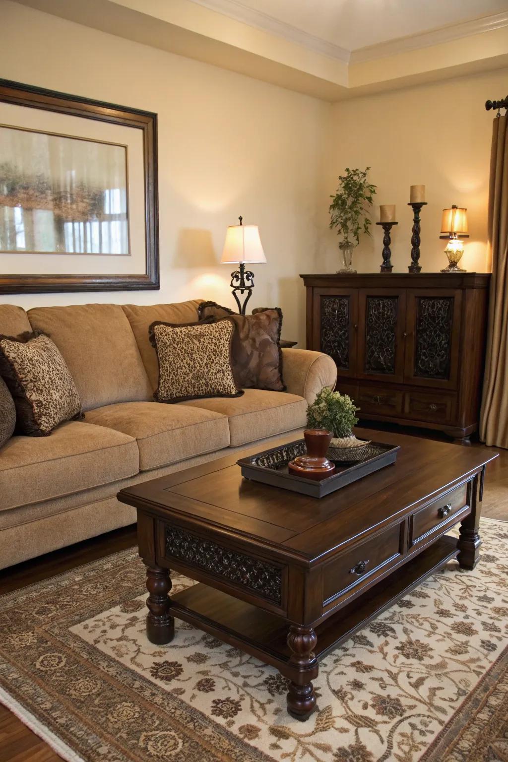 Dark features enhance dimension and contrast within the chocolate-brown sofa design.