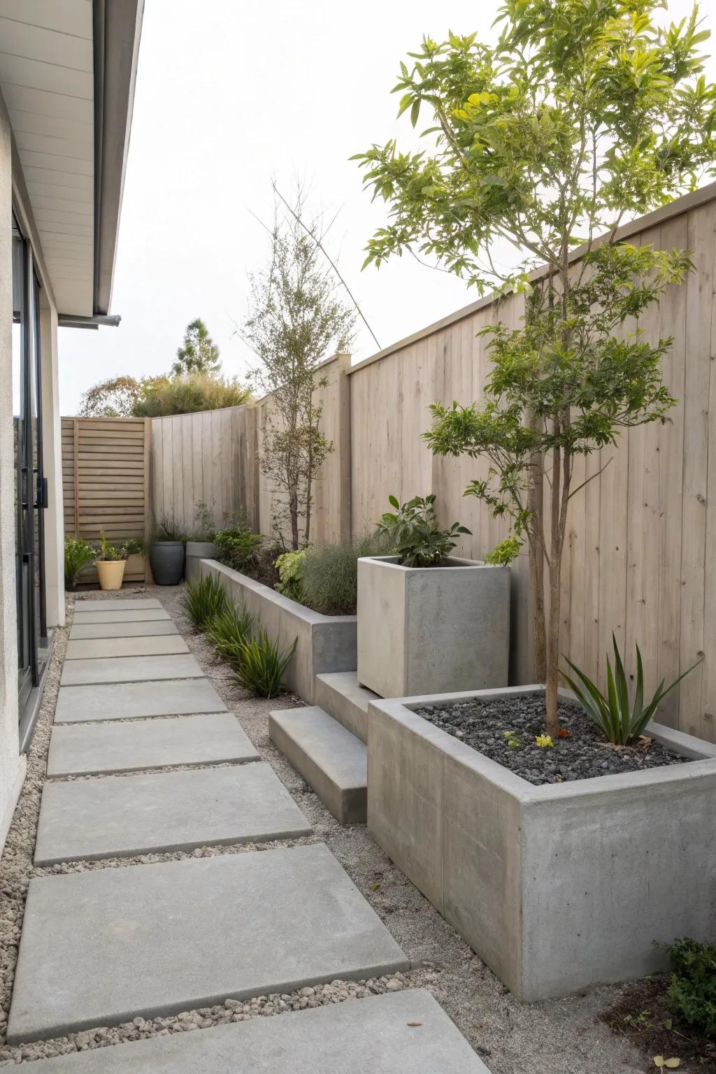 A minimalist concrete escape featuring stylish planters.