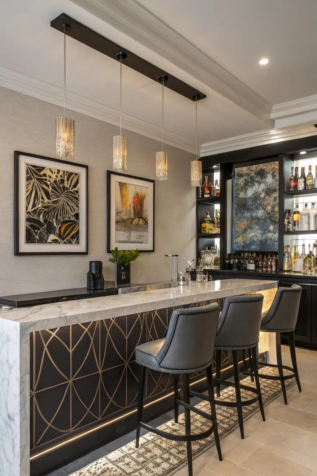Decorations and art introduce personality to this contemporary bar.