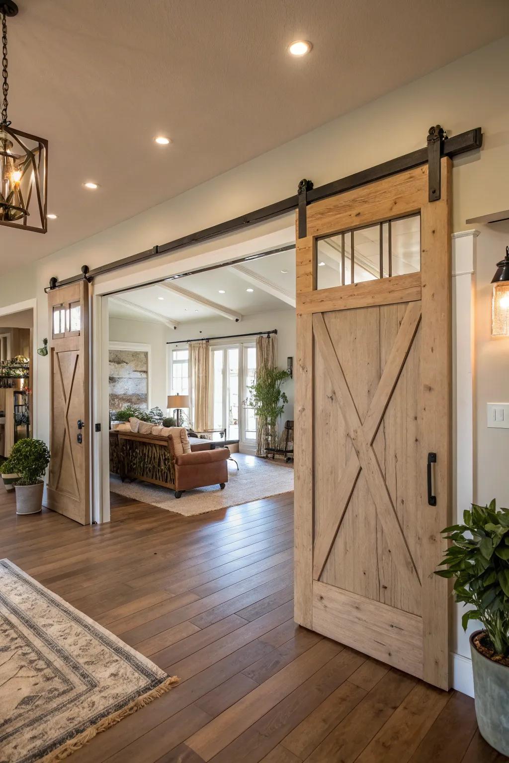Double barn doors provide an elegant and functional feature for large areas.