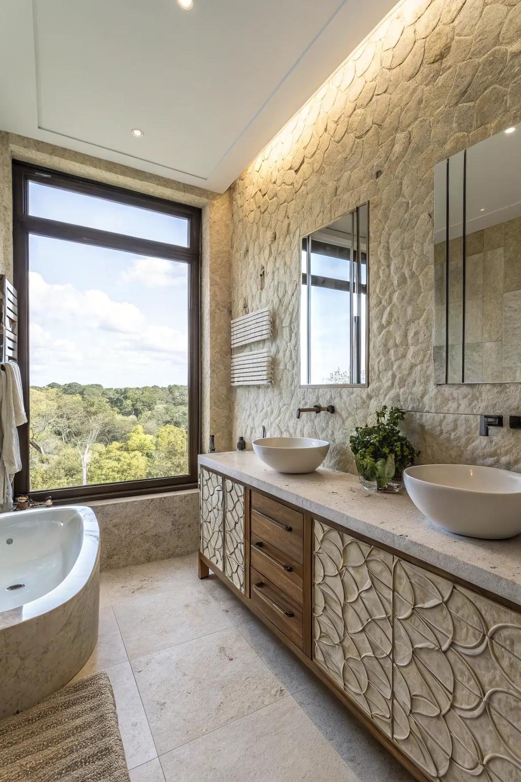 Patterned tiles deepen and add personality to this modern bathroom.