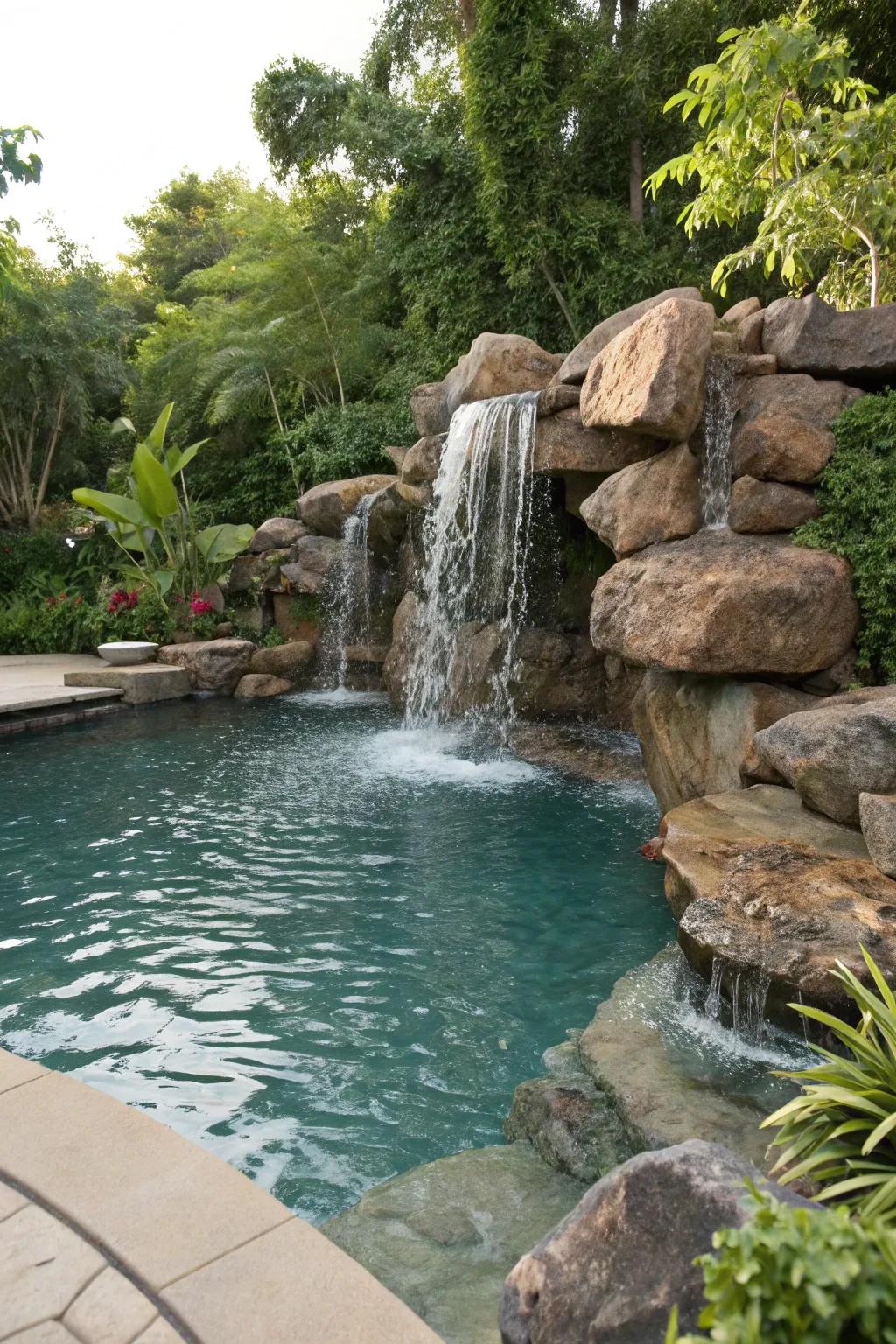 A waterfall feature introduces tranquility and movement.