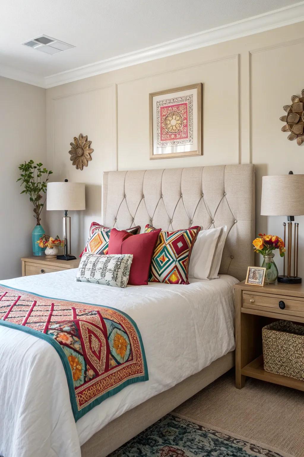 Neutral tones complemented by accent colors result in a well-balanced bedroom design.