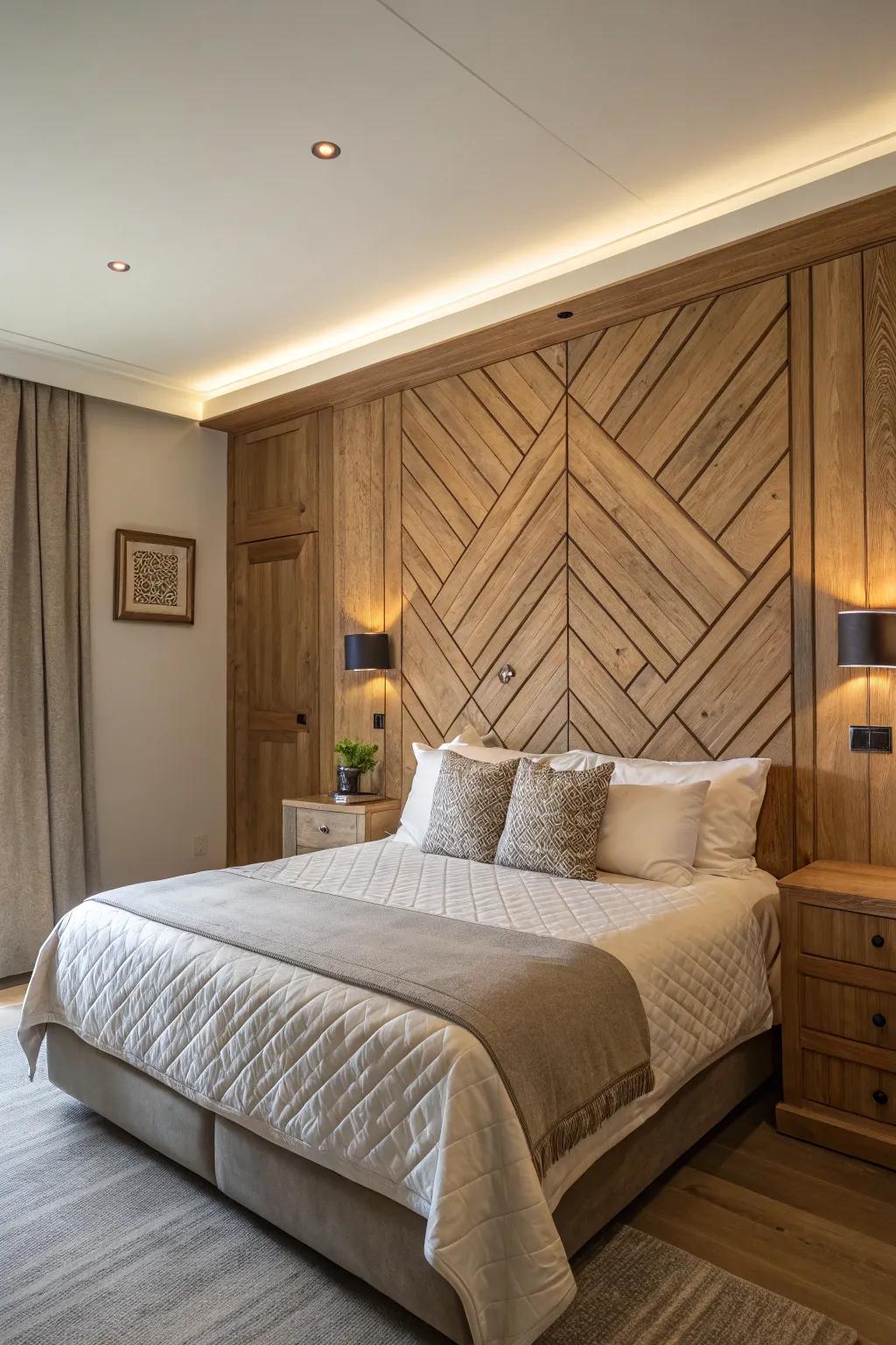 A feature wall constructed of paneling functions as a striking focal point.