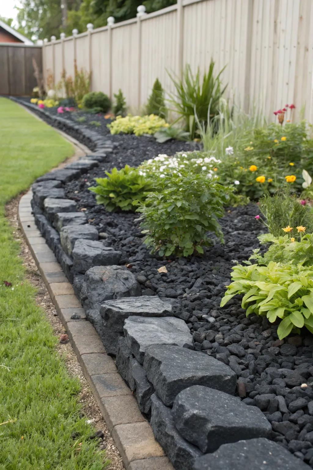 Precise dark stone borders defining garden areas.