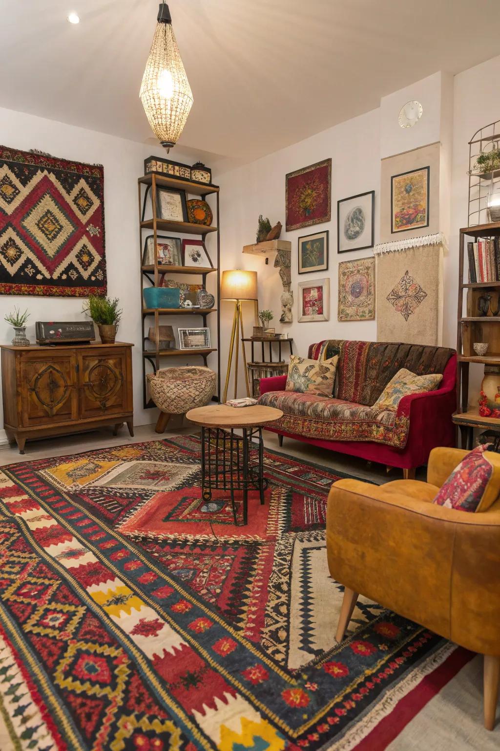 Eclectic room showcasing a bold patterned carpet and vintage decor elements.