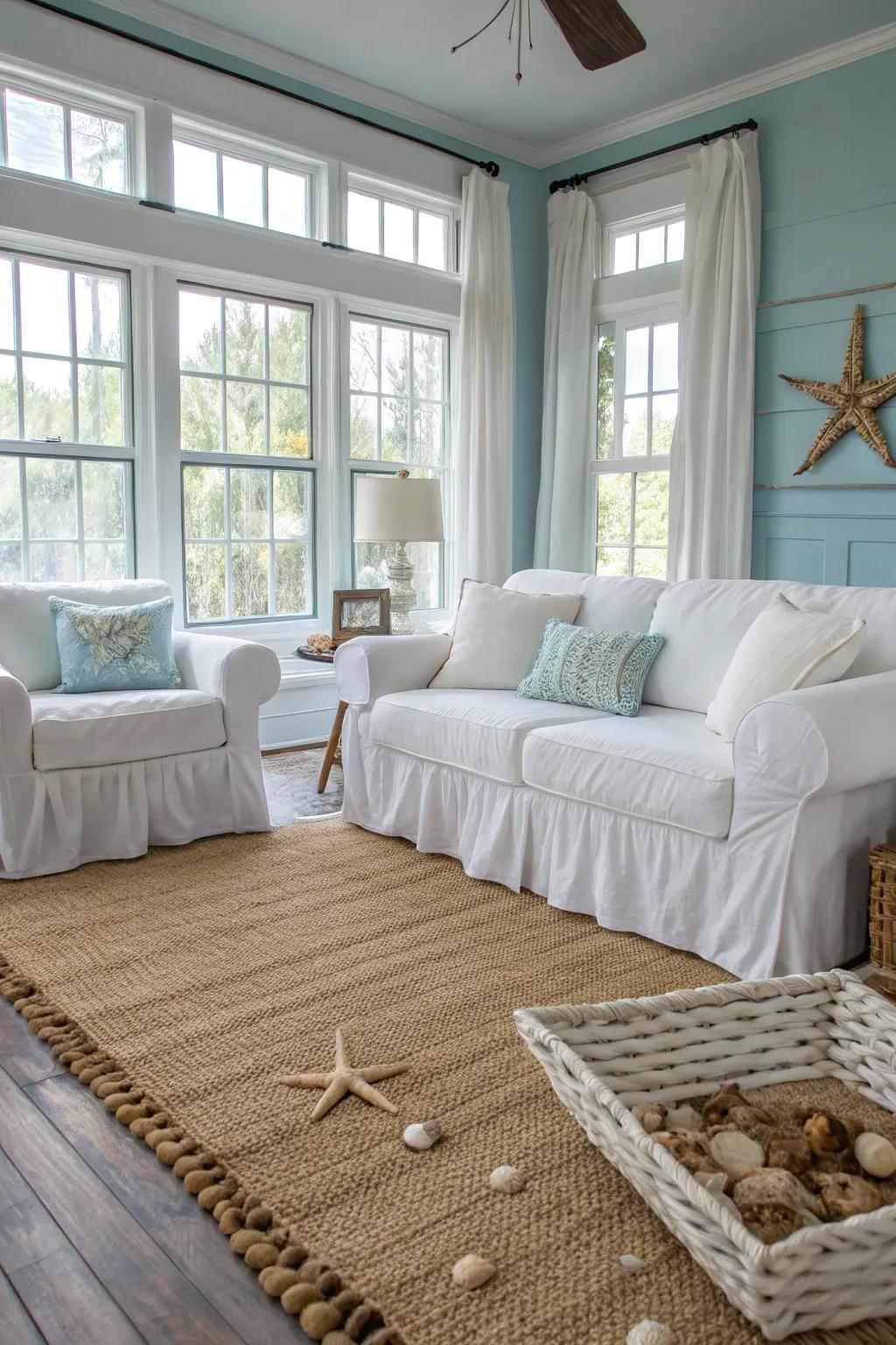 Covered furniture provides a relaxed elegance.