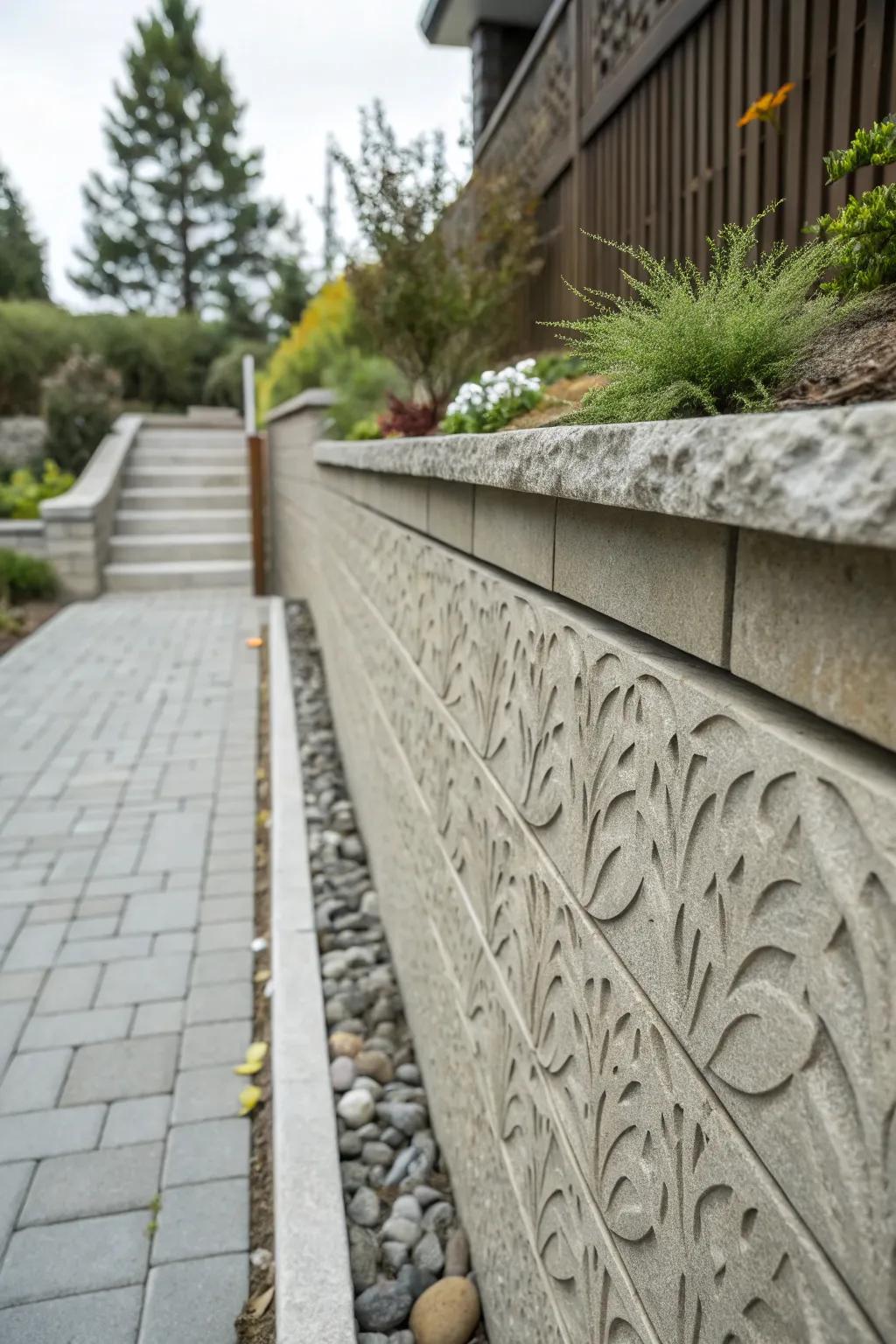 Textured concrete wall enhancing the landscape's character.