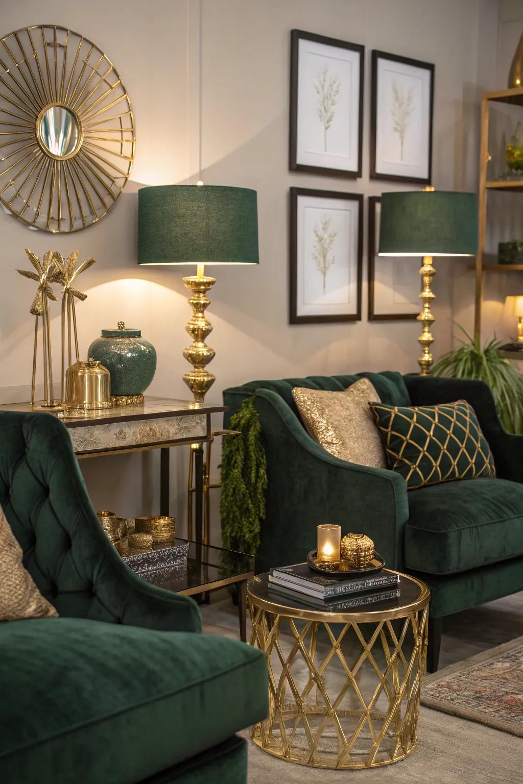 Metallic accents introduce a hint of luxury to deep green interiors.