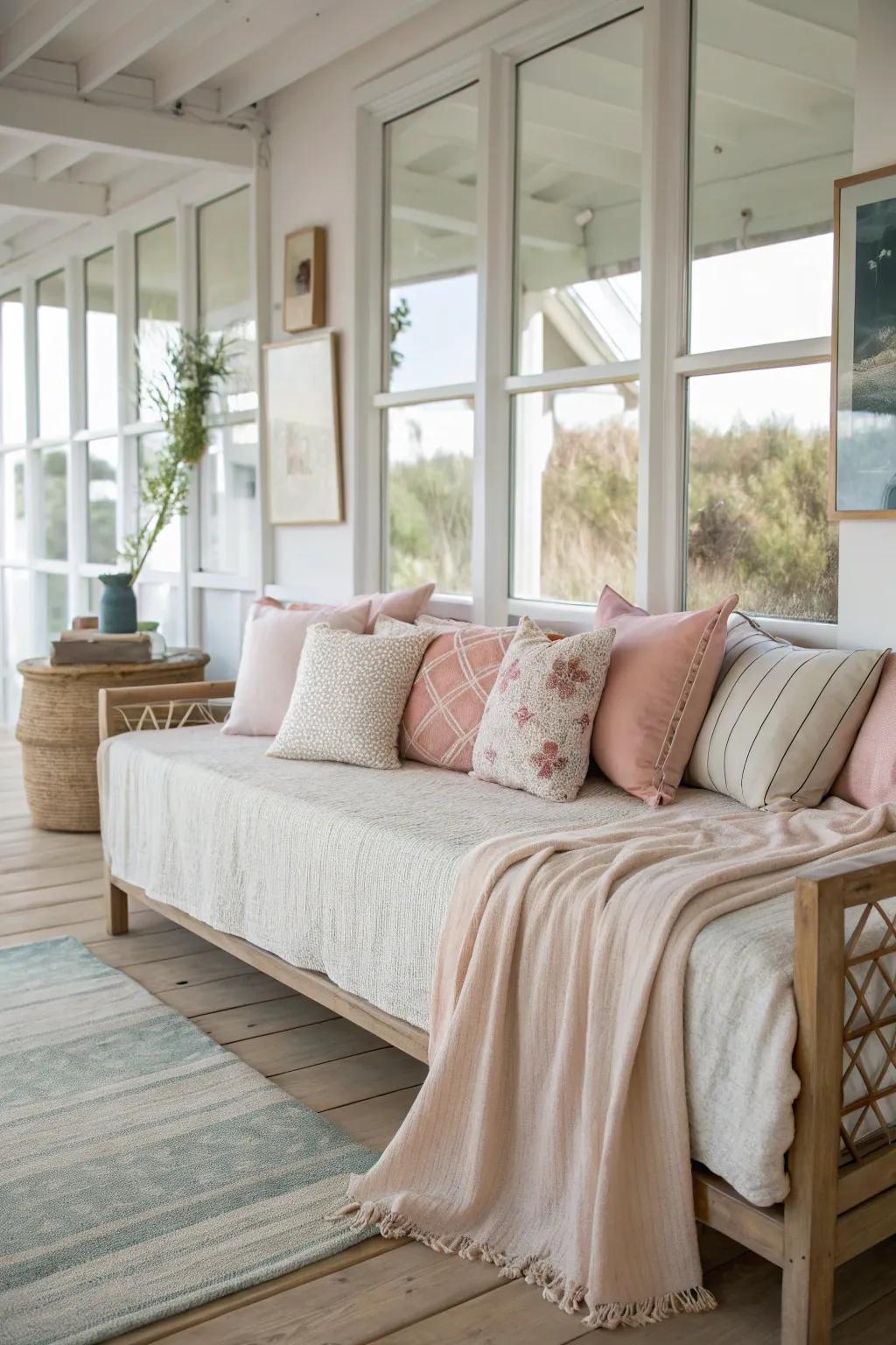 Muted and soft-tone bedding hues deliver a calming impact on a daybed.