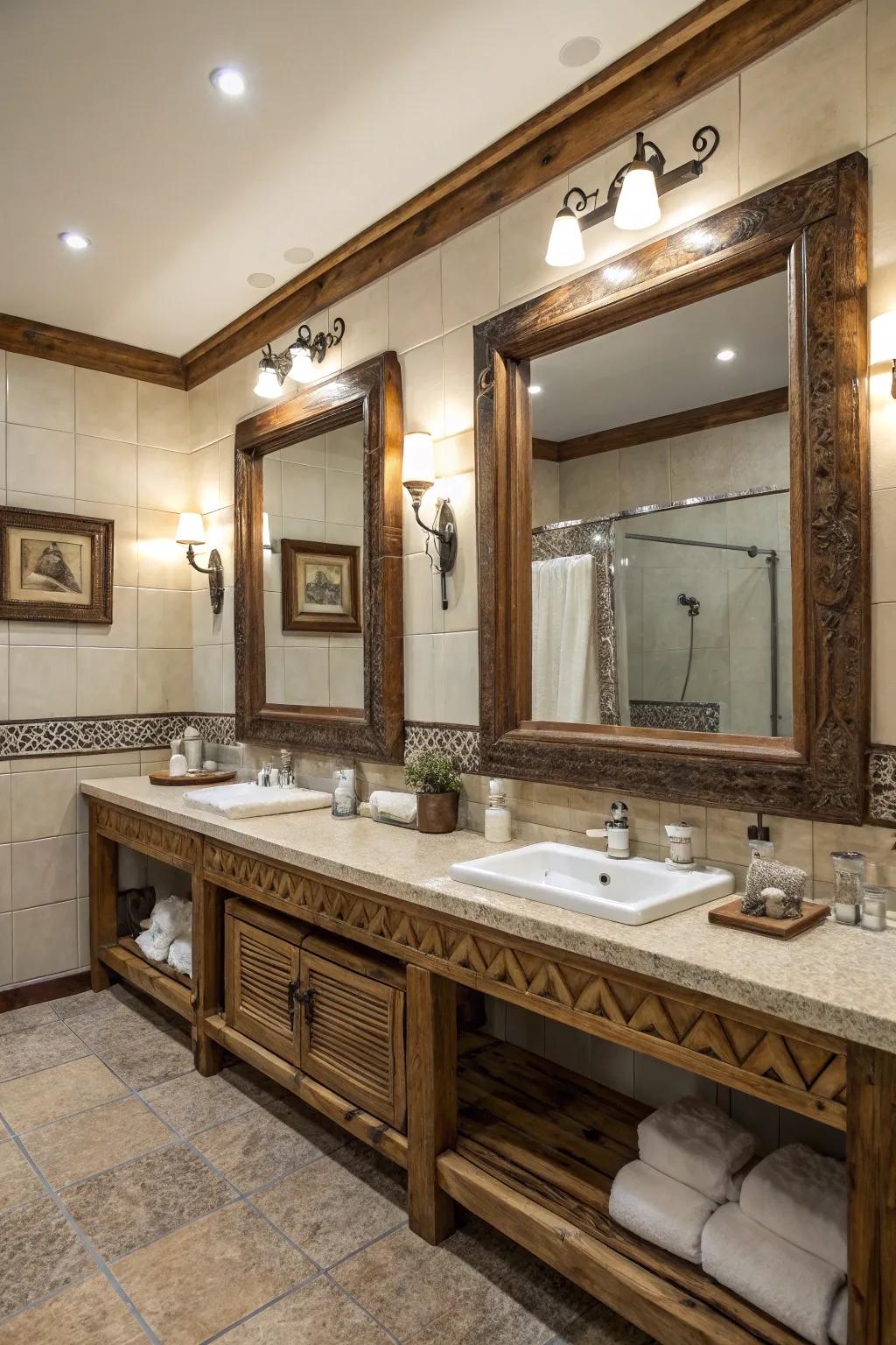 Expansive mirrors enhance the space and lighting in this rustic bathroom.