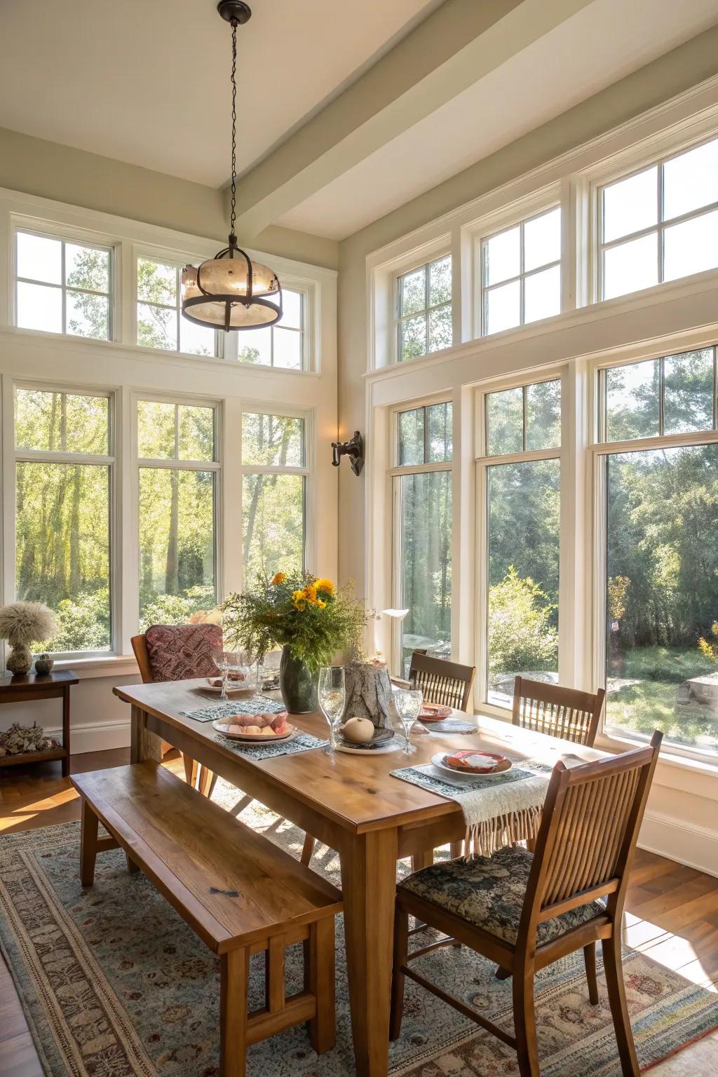 Natural light maximizes the spaciousness of a farmhouse dining area.
