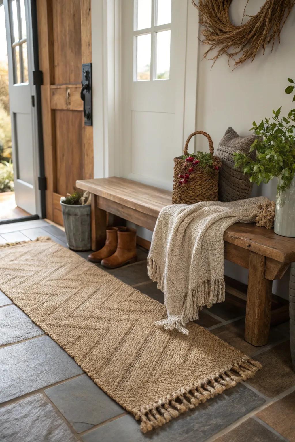 Rough-hewn textiles create a welcoming atmosphere.
