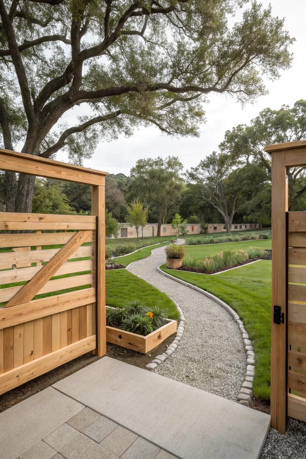 A fence design that frames the landscape, offering broad views and a sense of openness.