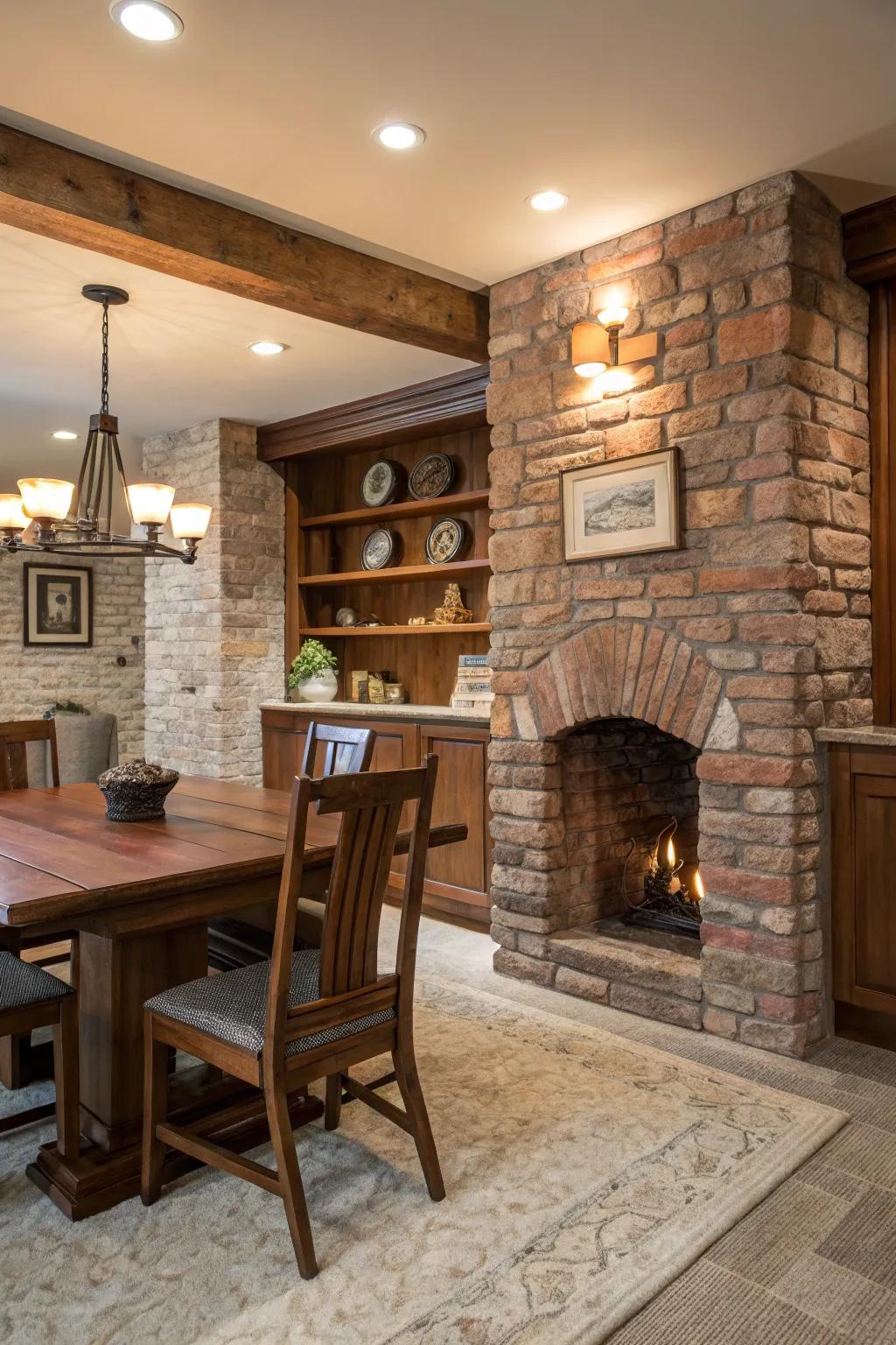 Stone and brick features provide rustic appeal to this modern farmhouse interior.