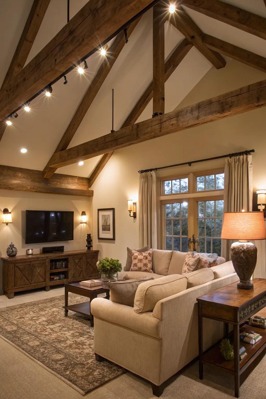 Lighting highlights the natural beauty of beams.