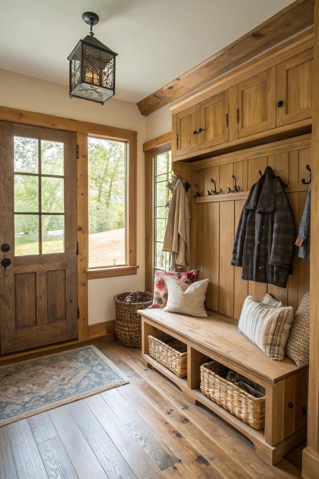 Mudroom with warm wooden elements and cozy ambiance.