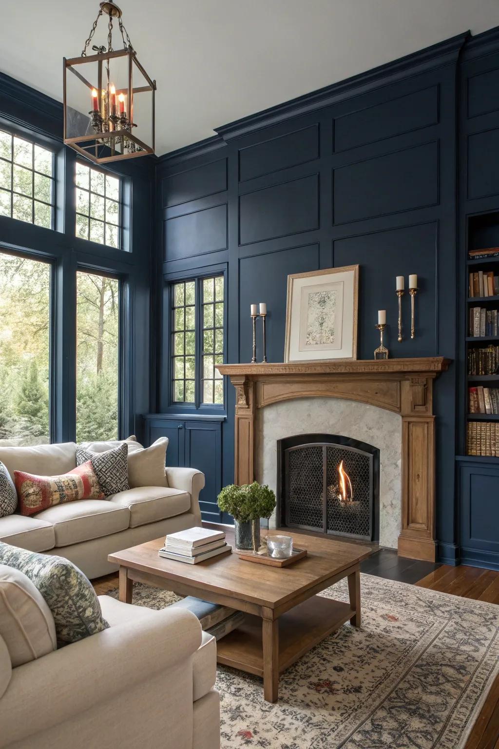 Deep hues introduce drama and coziness to your fireplace wall.