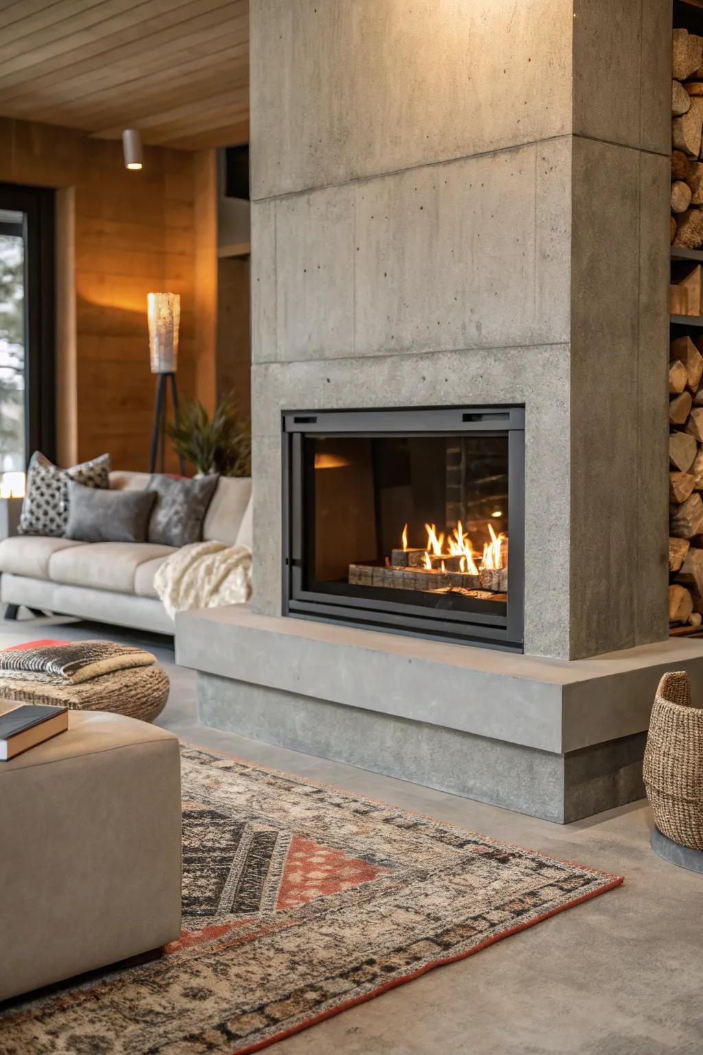 An urban edge cement fireplace that injects a raw element into the decor.