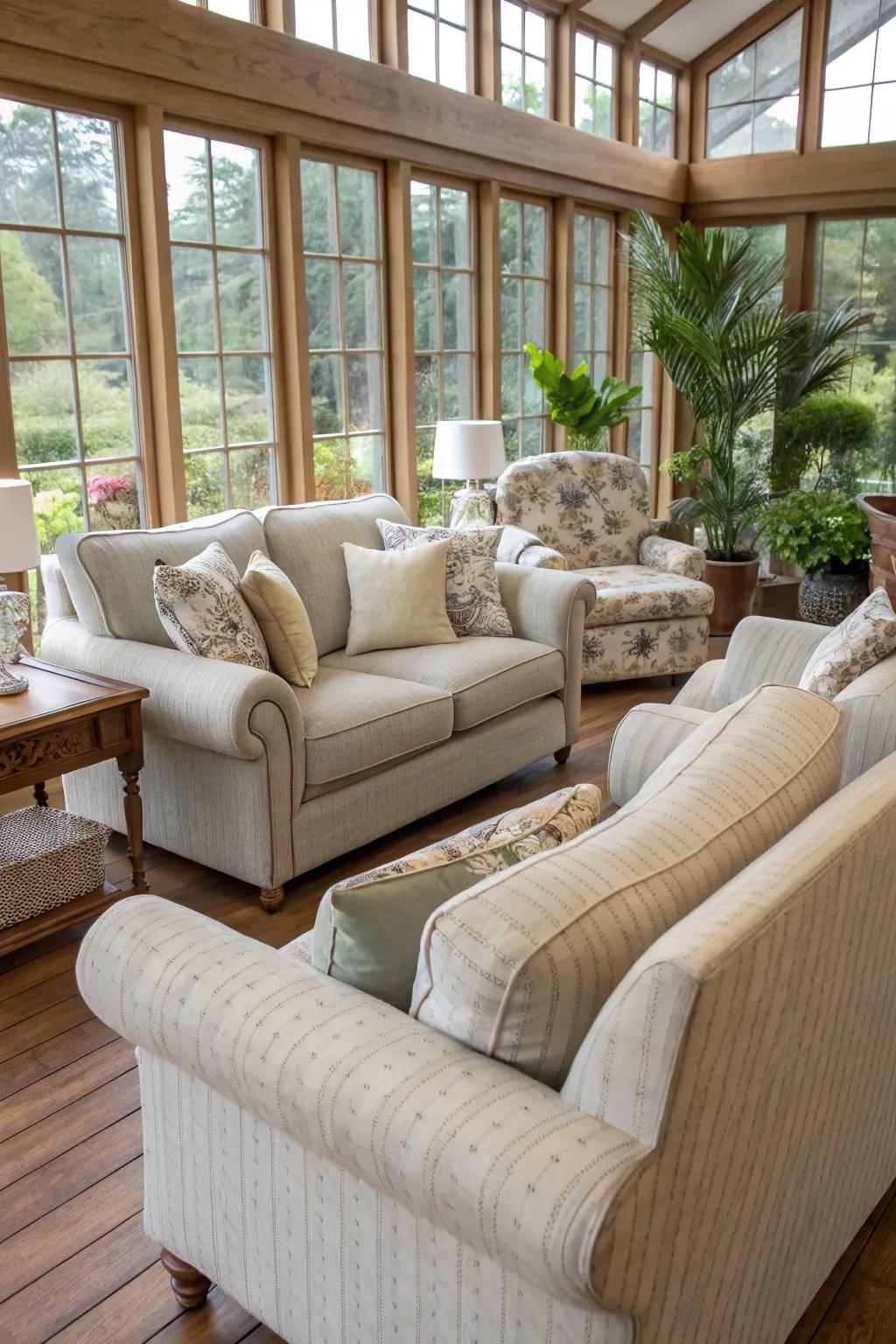 Comfortable seating encourages relaxation in this inviting sunroom.