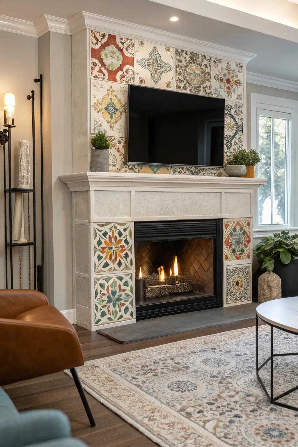 An artistic tile surround enhancing a gas fireplace's design.