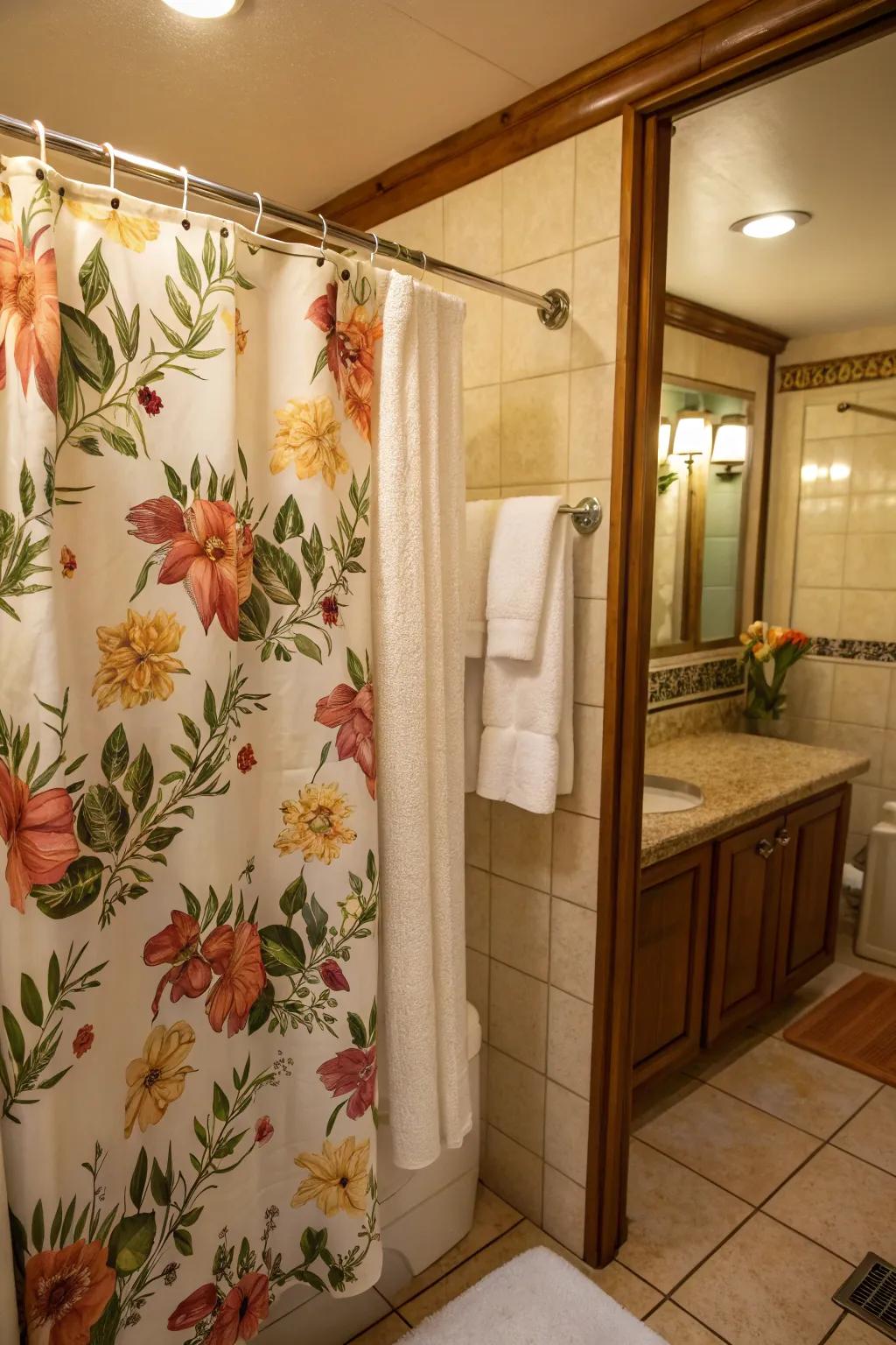 A bathroom adorned with a floral shower curtain and fluffy towels for a feminine touch.