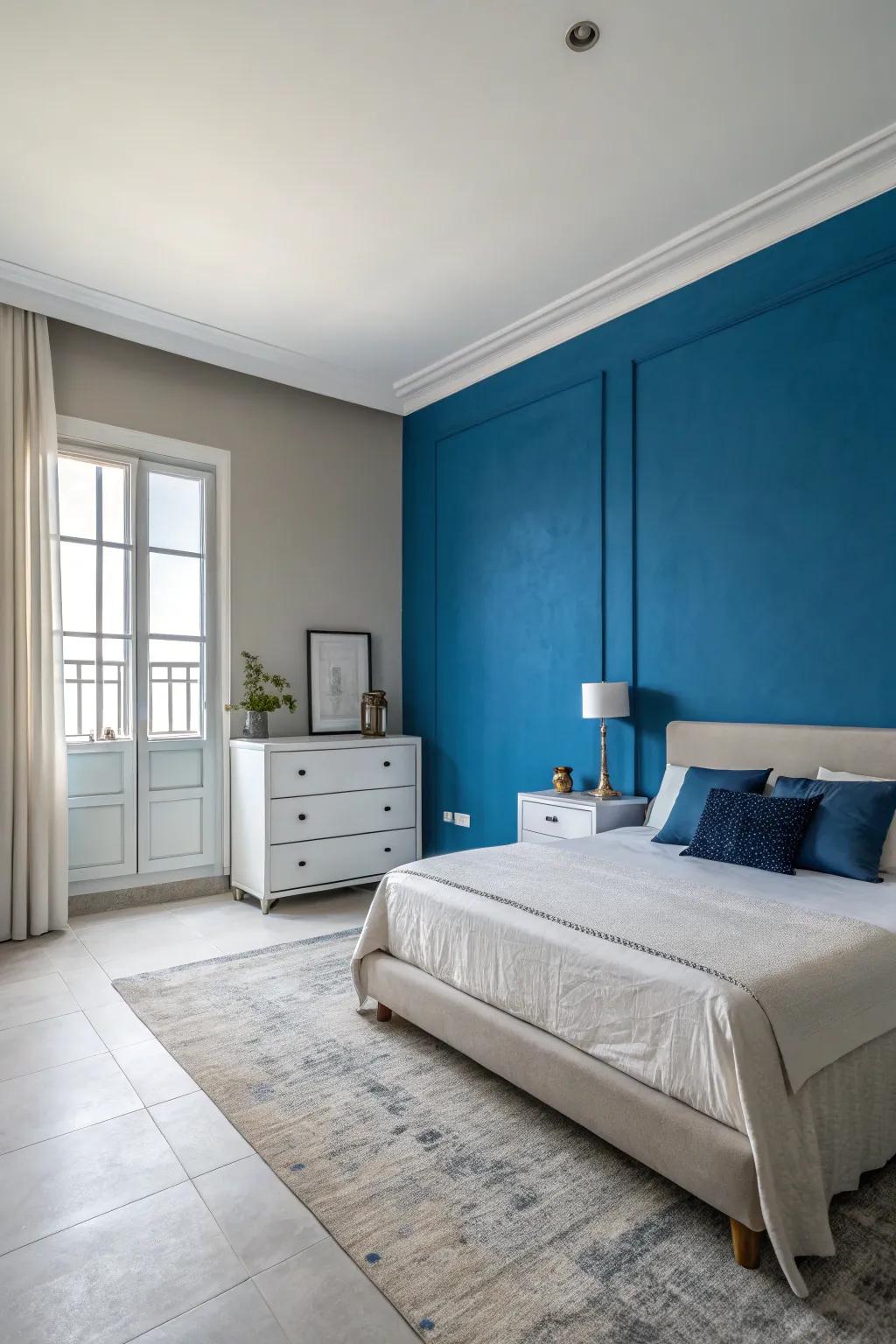 A bold blue feature wall in a bedroom creates a striking focal point.